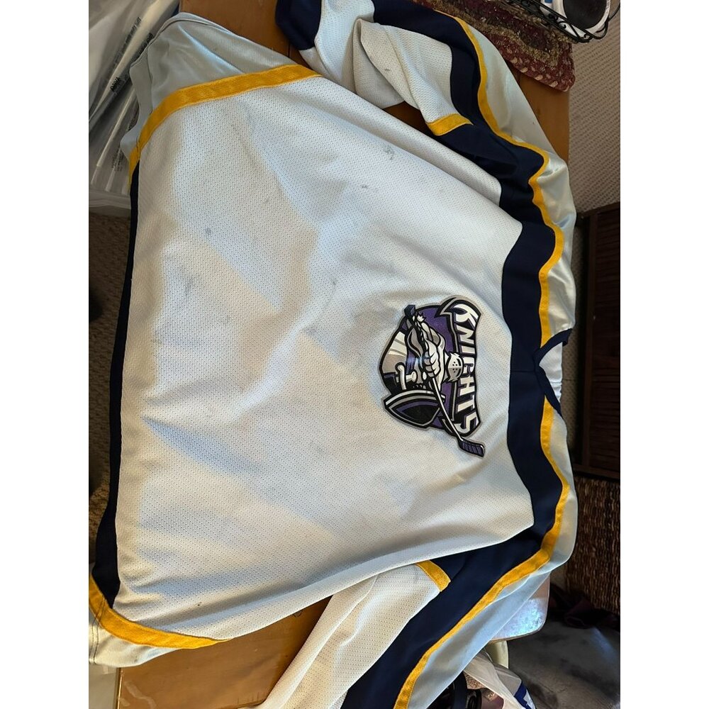 Knights Hockey Jersey Deery 17 White Navy & Yellow Mesh Long Sleeve